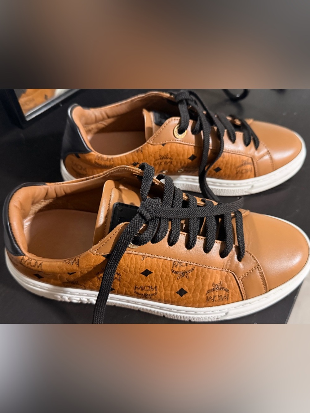 MCM Cognac Brown Logo Low-Top Sneakers with Black Laces